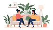 © Safia - Two women sitting on a couch and talking at home, surrounded by plants.