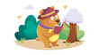 © zubaida - A cartoon bear detective sniffing clues in a bright forest, wearing a detective hat and reading a tiny notebook