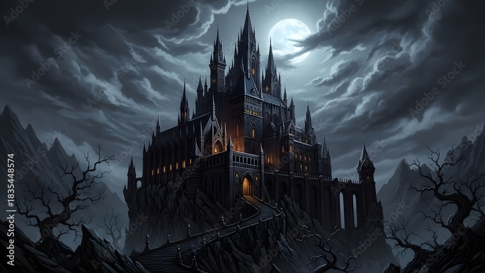 Dark Gothic Castle on Hilltop Under Full Moon at Night perfect for book ...