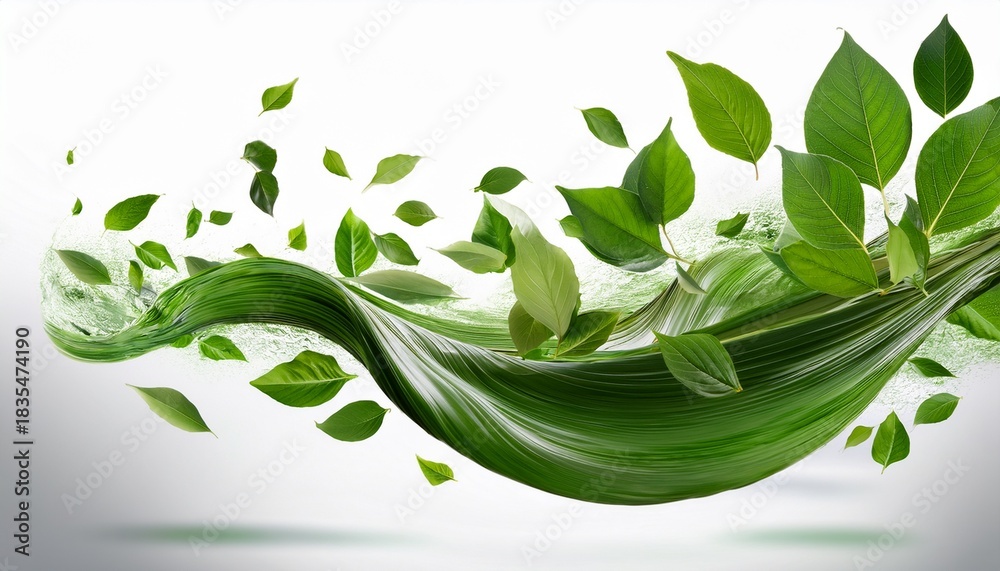 green floating and flying leaves dance in the air symbolizing natural ...
