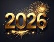 © Anita - 2026 Nowy Rok, elegancki złoty napis z fajerwerkami na ciemnym tle. Szczęśliwego Nowego Roku. Kartka świąteczna z życzeniami.