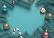 © Nastya_art - Bright turquoise holiday frame with baubles, fir branches and candy canes creating space for text in the center. Ideal for Christmas greetings, web banners and New Year advertising templates.