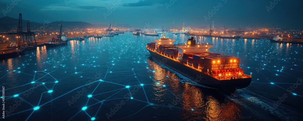 Illustration of busy port at night. Container ship sails in harbor ...