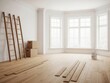 © NURUNNAHAR - Empty room renovation with wooden ladder and flooring planks ready for installation near bright bay windows, symbolizing home improvement project