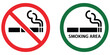 © welcome  saiful   - No smoking area and smoking area sign, printable red and green no smoking symbol, ban symbol, forbidden icon, stop symbol, no smoke circle, prohibition sign, smoking ban icons, public safety sy
