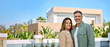 © insta_photos - Happy smiling mature older family couple new property buyers modern villa owners standing outside house, middle aged man and woman in love hugging outdoor. Portrait. Vacation home rentals, banner ads