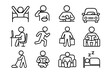 © Марія Томилович - Daily Routine Icons. Daily actions. Line icon set of daily actions: waking up, brushing teeth, eating breakfast, commuting, working, exercising, shopping,