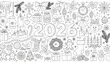 © John - New Year 2026 and Christmas doodle set for a coloring page. Hand drawn vector illustration with winter holiday symbols