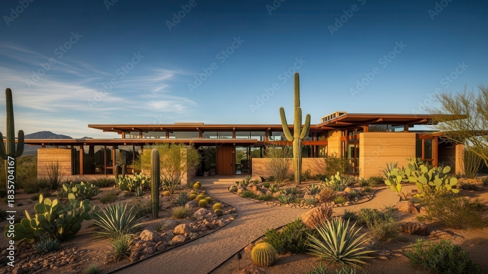Modern desert home design with saguaro cactus and native plants ...