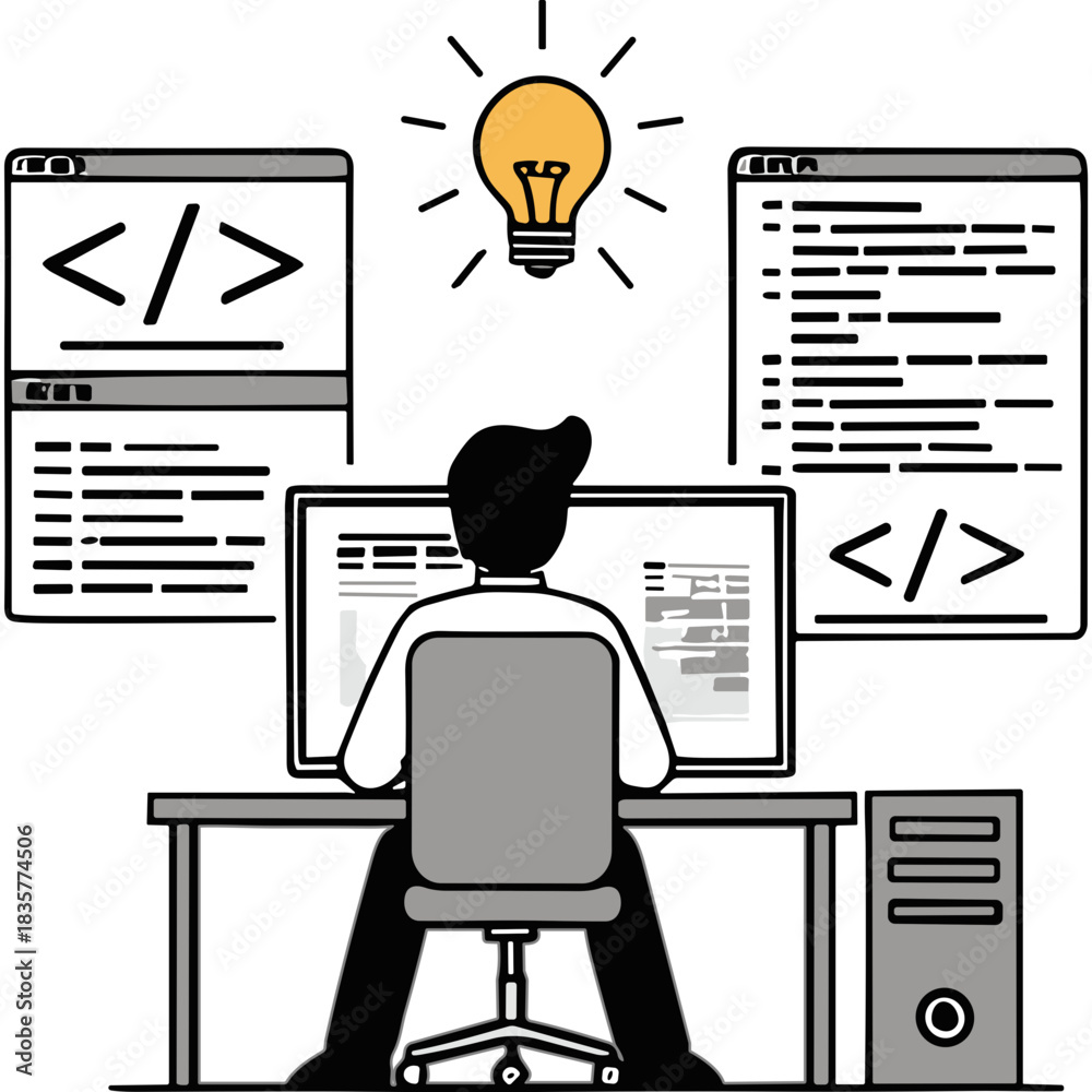 Programmer Light Bulp Programmer Working Late At Night On Computer Glowing Light Bulb Idea ...