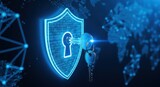 Digital Cybersecurity and Global Data Protection Concept with Neon Shield and Key