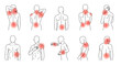 © Dieke - A comprehensive vector illustration set depicting various human body pains and joint inflammation, ideal for medical or health-related educational content.