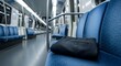 © antuanetto - Folded dark formal trousers placed on a blue metro seat in an empty train for a 'No Trousers Ride' social event concept and unique city commute