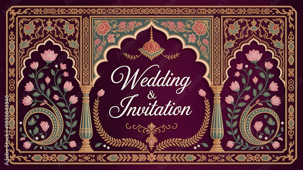 Traditional Mughal wedding invitation card design. Traditional Mughal ...
