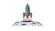 © MacKenzie - Vector illustration of a retro spaceship taking off from a cratered moon, symbolizing a business launch or new venture
