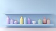 © Matcha_09 - Colorful ceramic vases and bowls arranged on blue wooden shelves against a light blue wall for modern home decor inspiration or artistic display.