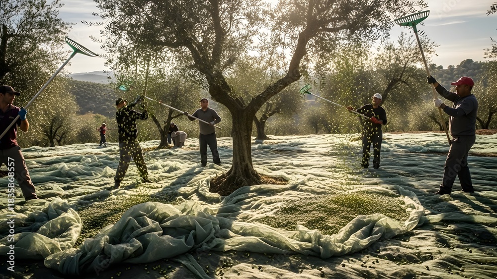 people-harvesting-olives-from-trees-with-rakes-and-nets-spread-on-the