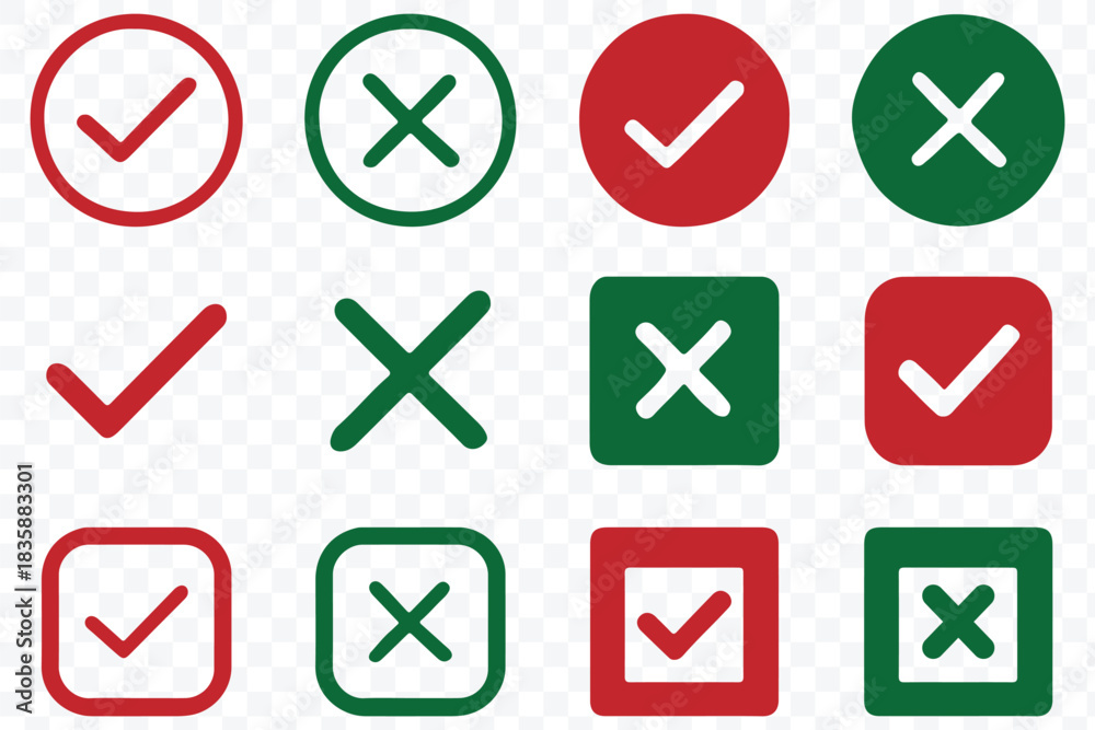 Check mark icon set,. Cross box x check mark checkbox v list vector ...