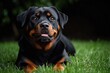© k - close-up of a happy black and brown dog lying on green grass looking upwards with a calm and attentive expression