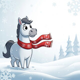 Cute cartoon white horse wearing a red scarf in a snowy landscape.