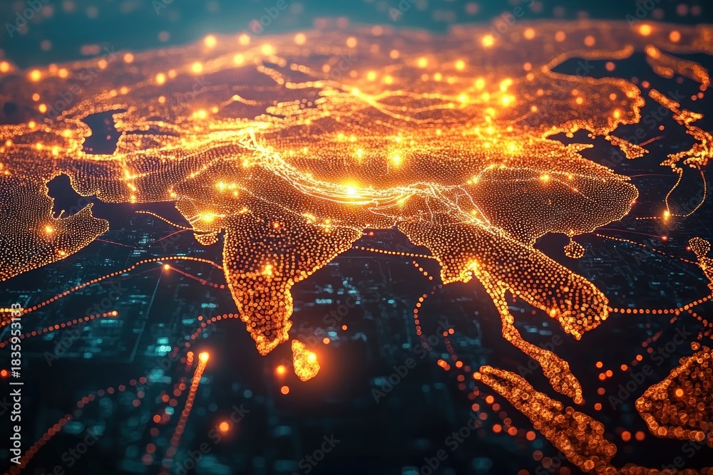 Illuminated digital map of South Asia and surrounding regions glowing ...