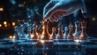 © letter - Futuristic digital hand moving a glowing chess piece on a high-tech chessboard surrounded by network connections symbolizing strategic thinking and advanced technology