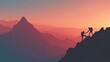 © Both - Two silhouetted hikers ascend a steep mountain slope at sunset