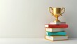 © Maryna - Golden trophy atop stack of colorful books signifies academic achievement, learning success. Represents victory in education, knowledge, scholarship. Award for student excellence, competition.