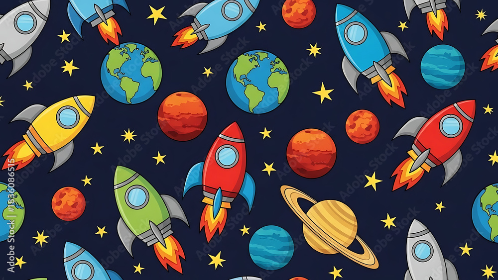 Fun seamless space pattern with cartoon rockets planets and stars on a ...