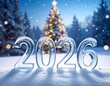 © Anita - 2026 Nowy Rok, lodowy napis na sniegu, w tle choinka, śnieg i bokeh. Szczęśliwego Nowego Roku. Kartka świąteczna z życzeniami.