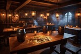 Dunkle Piratenkneipe mit Goldmünzen und Fässern