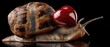 © pvl0707 - 3d render of a snail carrying a red heart on its shell against a black background, capturing a unique combination of life and love in a simple scene