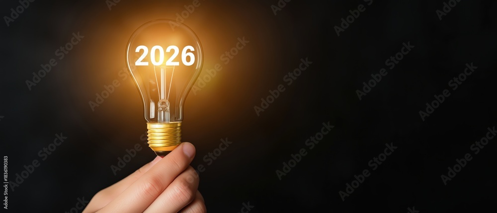Photo Stock Hand holding a glowing light bulb with the year 2026 inside ...