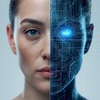 © Mena - A split portrait showing half a human face and half a technical blueprint, representing the transformation of human identity into digital data. A modern visualization of cyber-human integration.