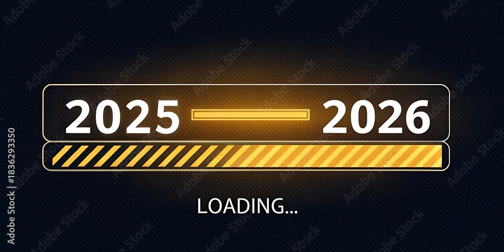 Diagonal-striped loading bar transitions from 2025 to 2026 with glowing ...