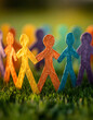 © Selvam - Hands hold colorful paper people silhouettes against a sunny green background. Symbolizes togetherness, diversity, and inclusion in community or family settings.