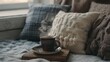 © Soklin - A cozy, warm scene with a cup of hot cocoa on a wooden tray, surrounded by soft, textured pillows and blankets, creating a comfortable and inviting atmosphere.