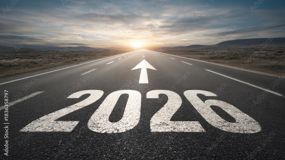 A long road stretches towards the horizon marked with the year 2026 ...