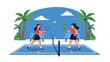 © meeblues - Flat modern vector illustration of a woman playing pickleball outdoors on a sunny summer court. Perfect for hobby sports, recreation, and fun fitness lifestyle content