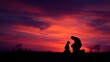 © mila103 - A father kneels beside his child offering guidance and affection as the sun sets casting vibrant colors across the sky. Their silhouettes create a heartwarming scene of connection.