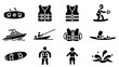 © Ophelia - Watersport icons set featuring life jackets, boats, and wakeboarding silhouettes