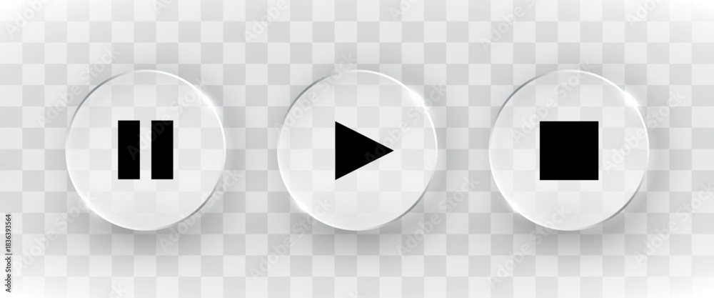 Sleek glass media player buttons with play, pause, and stop icons ...