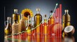 © Artistic - Rising prices of cooking oils with sunflower and coconut oil bottles showing increasing business profits and gains in a growing economy market trend