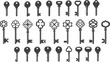 © topceptart - Black vintage shapes set with antique key silhouettes, medieval and modern keys. Abstract tidy vector elements, privacy and escape, open door symbols.eps