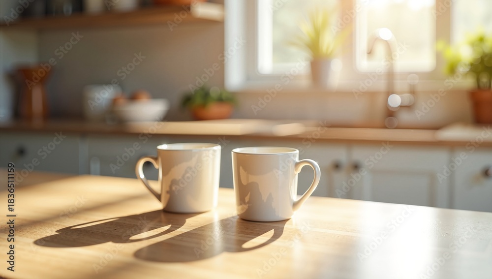 Two White Coffee Mugs on Kitchen Counter in Morning Sunlight