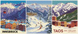 © Digital Nomad - Retro-style triptych poster of winter ski resorts featuring Innsbruck and Taos Ski Valley, bold colors, snow-covered peaks, and mid-century design