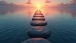 © Maryna - Path of stones across calm ocean towards sunrise. Represents life journey, overcoming challenges, and achieving goals. Dawn light symbolizes new beginnings. Forward movement shows progress.