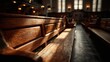 © Eqan - Warm sunlight streams across empty wooden church pews, creating a serene and contemplative atmosphere of quiet reflection and spiritual solace within a sacred space.