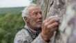 © CYBERPINK - Elderly man with white hair and a beard, wearing a camouflage shirt, climbing up a rock wall. he is holding onto a rope and appears to be in the process of making his way up the wall.