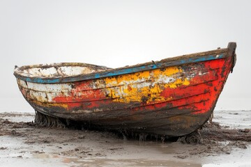  A vibrant, weathered wooden boat, painted in peeling red, yellow, and white, lies abandoned on a muddy beach under a calm sky.